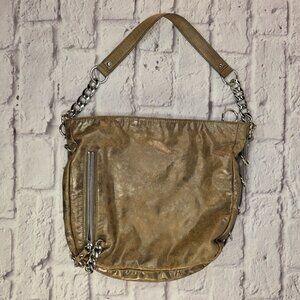 Michael Kors Designer Shoulder Bag Metallic Taupe Leather w/ Chain Accent